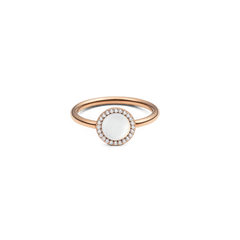 Rose gold ring featuring a round mother of pearl centrepiece surrounded by a halo of white cubic zirconia, set on a slim polished band.