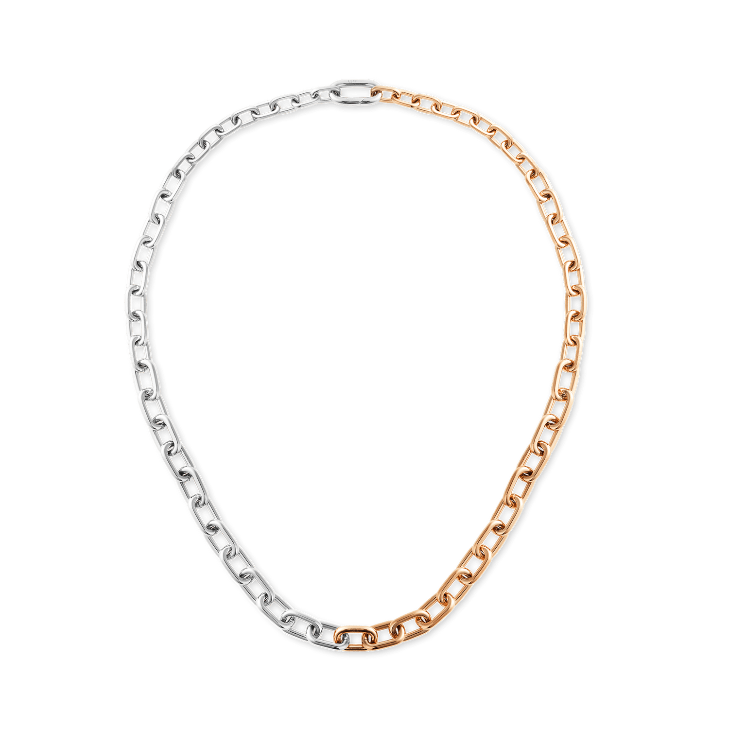 Contrast Link Necklace Two Tone Rose Gold featuring squared architectural links in polished rose gold and silver, with a seamless half-and-half design ideal for layering or wearing solo.