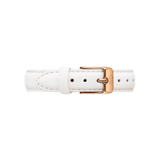 Bondi Strap Rose Gold features a crisp white genuine leather watch strap with a rose gold buckle, detailed stitching, and an adjustable fit, designed for ladies' watches in 12mm or 14mm sizes.