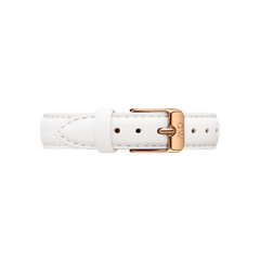 Bondi Strap Rose Gold features a crisp white genuine leather watch strap with a rose gold buckle, detailed stitching, and an adjustable fit, designed for ladies' watches in 12mm or 14mm sizes.