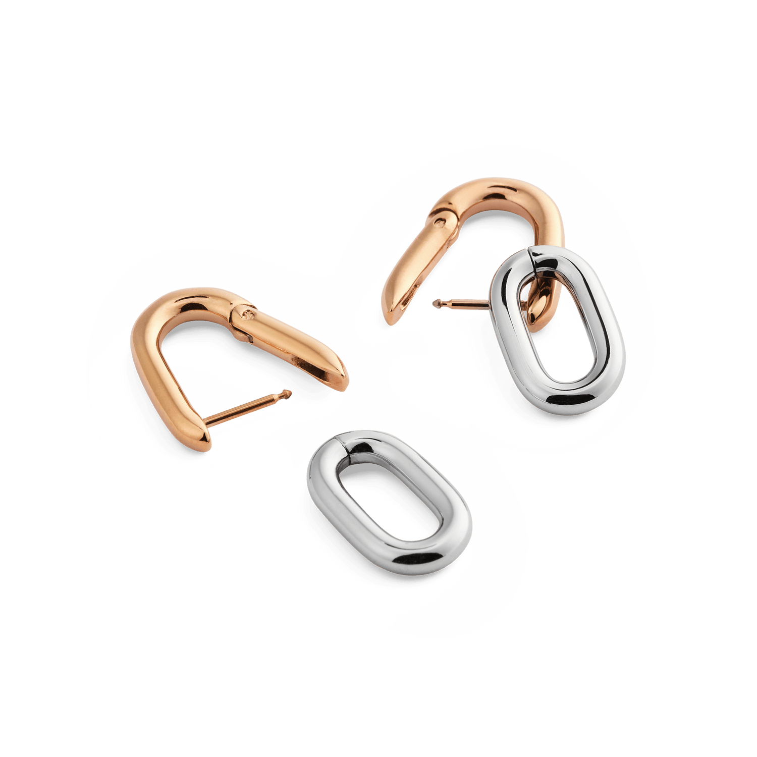 Contrast Link Earrings Two Tone Rose Gold displayed with the rose gold hoops open and the silver links detached, highlighting the interchangeable design and polished finish.