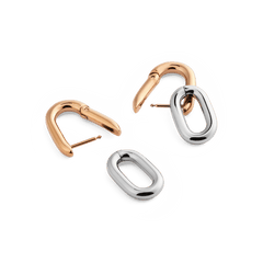 Contrast Link Earrings Two Tone Rose Gold displayed with the rose gold hoops open and the silver links detached, highlighting the interchangeable design and polished finish.