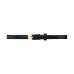Slim black leather Pressed Sheffield Strap Gold with a polished gold buckle, designed for smaller watch faces and offering a refined, minimalist look suitable for both casual and formal styles.