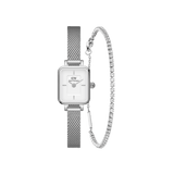 Quadro Mini & Tennis Bracelet Silver bundle featuring a rectangular Daniel Wellington watch with a silver mesh strap and minimalist white dial, paired with a delicate tennis bracelet adorned with sparkling stones.