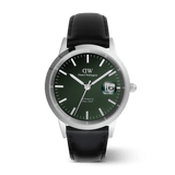 Iconic Sheffield Automatic Silver men's watch with a round silver case, emerald green enamel dial, luminous markers, magnified date display, and a black Italian leather strap.
