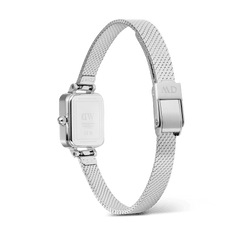Rear view of the Quadro Mini Reflection Silver watch showing the polished stainless steel case back, adjustable silver mesh strap, and secure clasp, highlighting the refined craftsmanship and modern design.