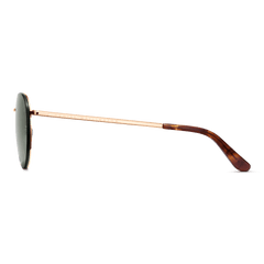 Side view of Arch Steel Green Rose Gold sunglasses showing the slim rose gold plated stainless steel arm, engraved branding, and tortoiseshell acetate temple tip.