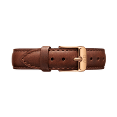 St Mawes Strap Rose Gold features genuine brown leather with a rose gold buckle, detailed stitching, and adjustable holes for a comfortable and stylish fit.