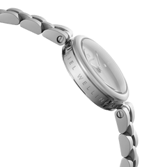 Side view of the Elan Lumine Unitone Silver ladies watch, showing the engraved case, polished stainless steel link bracelet, and minimalist silver dial with crystal hour markers.