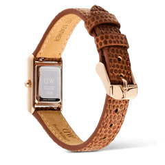 Back view of the Daniel Wellington Bound Mini Light Brown Lizard Rose Gold watch, highlighting the engraved stainless steel case back, genuine leather lizard-textured strap, and rose gold pin buckle.
