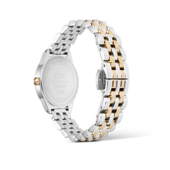 Back view of the Ophelia Mini Two Tone Gold ladies watch showing the stainless steel case, gold crown, and polished gold and silver link bracelet with a secure clasp.