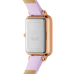 Back view of the Quadro Lavender MOP Rose Gold ladies watch, showing the stainless steel case, rose gold finish, and pastel purple leather strap with engraved details and Japanese movement.
