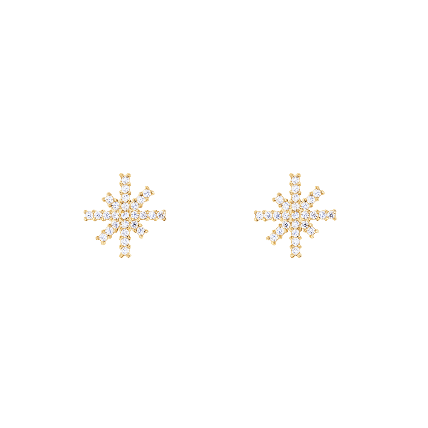 Pair of Mirelle Star Earring Gold stud earrings featuring a starburst design with white cubic zirconia crystals set in polished gold, shown against a plain background.