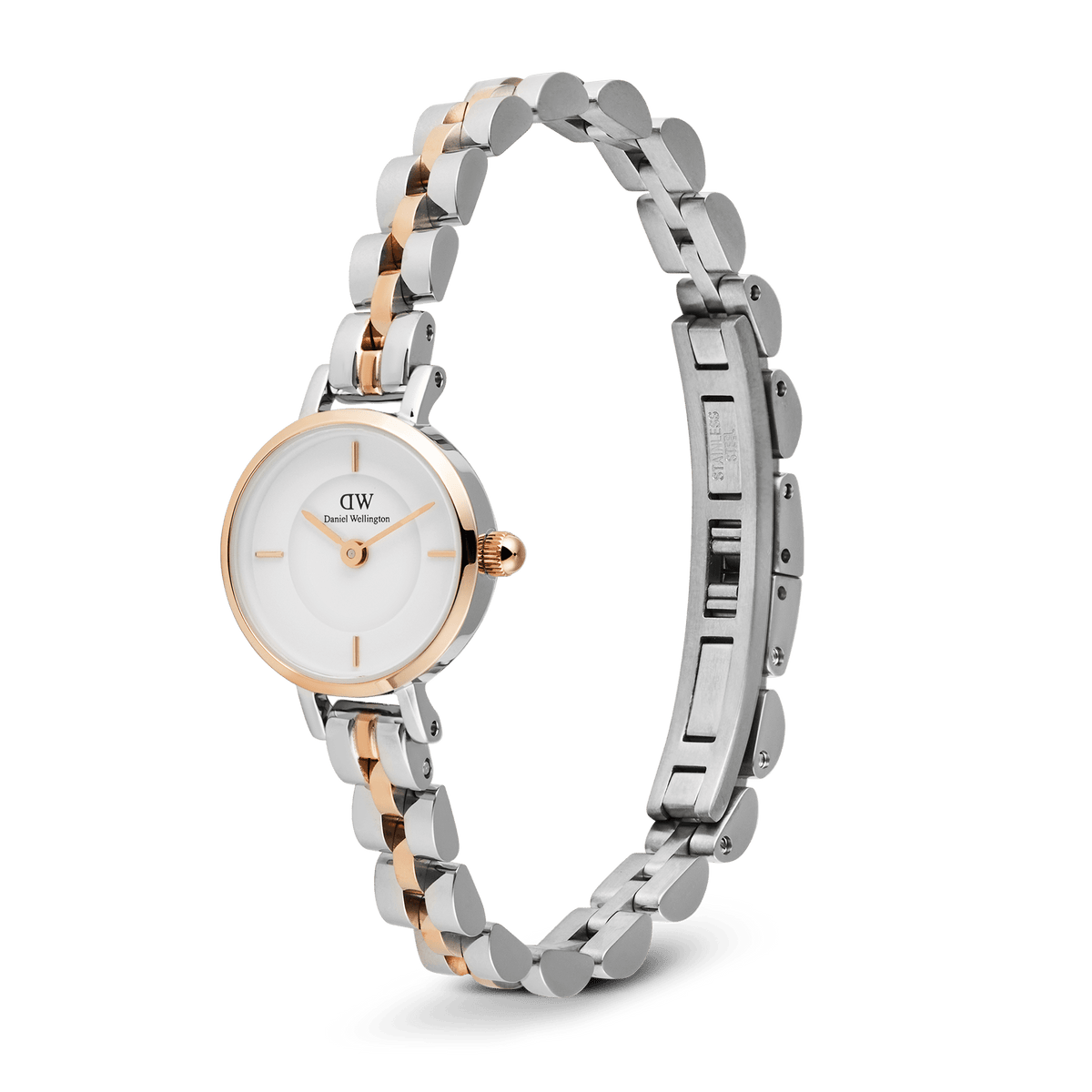 Petite Mini Arch 3-Link Two Tone Rose Gold watch featuring a slim 19mm case, minimalist white dial, and a polished three-link bracelet in rose gold and silver with a button-less butterfly clasp.