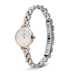 Petite Mini Arch 3-Link Two Tone Rose Gold watch featuring a slim 19mm case, minimalist white dial, and a polished three-link bracelet in rose gold and silver with a button-less butterfly clasp.