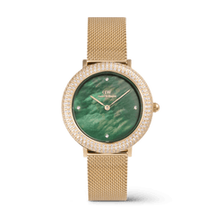 Gold ladies watch with a green mother of pearl dial, crystal-set bezel, and a gold mesh strap, featuring four crystal markers and a 32mm case.