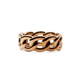 Chunky rose gold ring with a chain-inspired design, featuring polished, sculpted links and a smooth, rounded finish.
