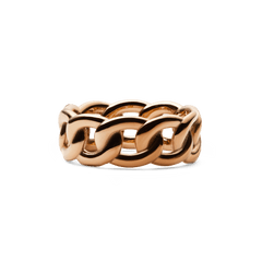 Chunky rose gold ring with a chain-inspired design, featuring polished, sculpted links and a smooth, rounded finish.