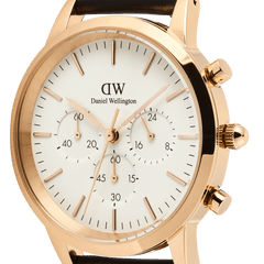 Close-up of the Iconic Chronograph Sheffield RG featuring a white dial, rose gold case, three chronograph sub-dials, and minimalist hour markers, highlighting its refined and modern design.