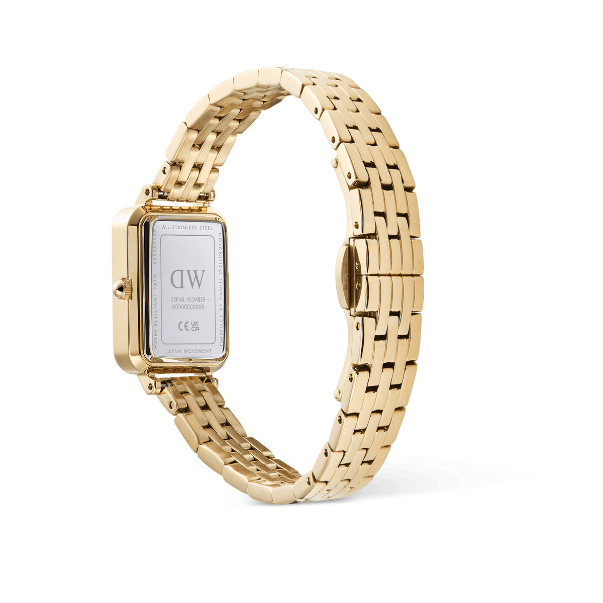 Rear view of the Quadro Roman Numerals Date 5-link Gold ladies watch showing the stainless steel case back, gold 5-link bracelet, and butterfly clasp.