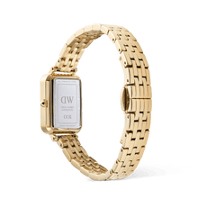 Rear view of the Quadro Roman Numerals Date 5-link Gold ladies watch showing the stainless steel case back, gold 5-link bracelet, and butterfly clasp.