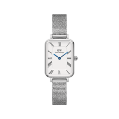 Quadro Roman Numerals Sterling ladies watch featuring a rectangular silver case, crisp white dial with Roman numerals, blue steel hands, and a polished silver mesh strap.