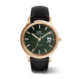 Men’s Daniel Wellington Iconic Sheffield Automatic Rose Gold watch featuring a 40mm rose gold case, emerald green enamel dial with luminous markers, magnified date display, and a black leather strap.