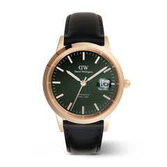 Men’s Daniel Wellington Iconic Sheffield Automatic Rose Gold watch featuring a 40mm rose gold case, emerald green enamel dial with luminous markers, magnified date display, and a black leather strap.