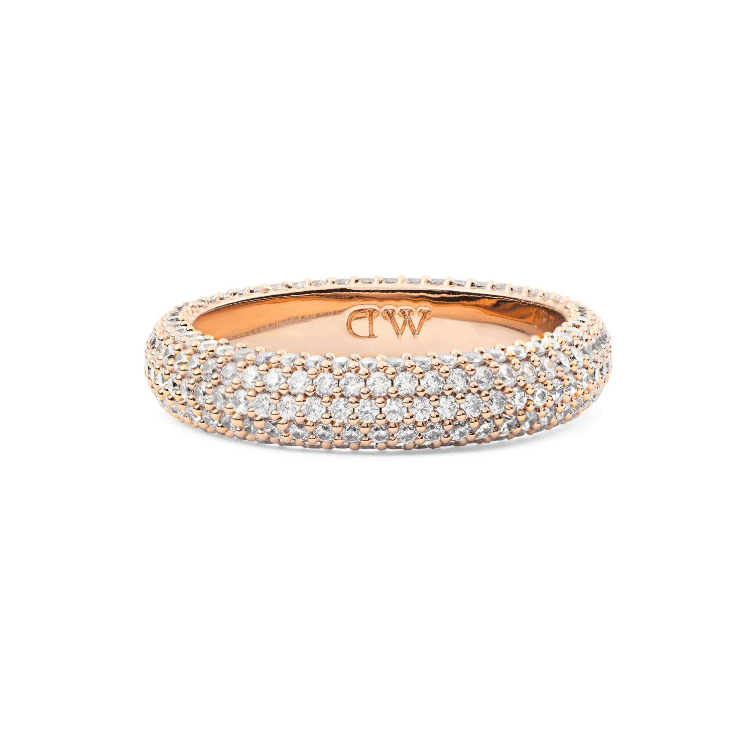 Pavé Ring Rose Gold 5 mm with a classic rose gold band, featuring three rows of closely set white cubic zirconia crystals for a sparkling, sophisticated look.