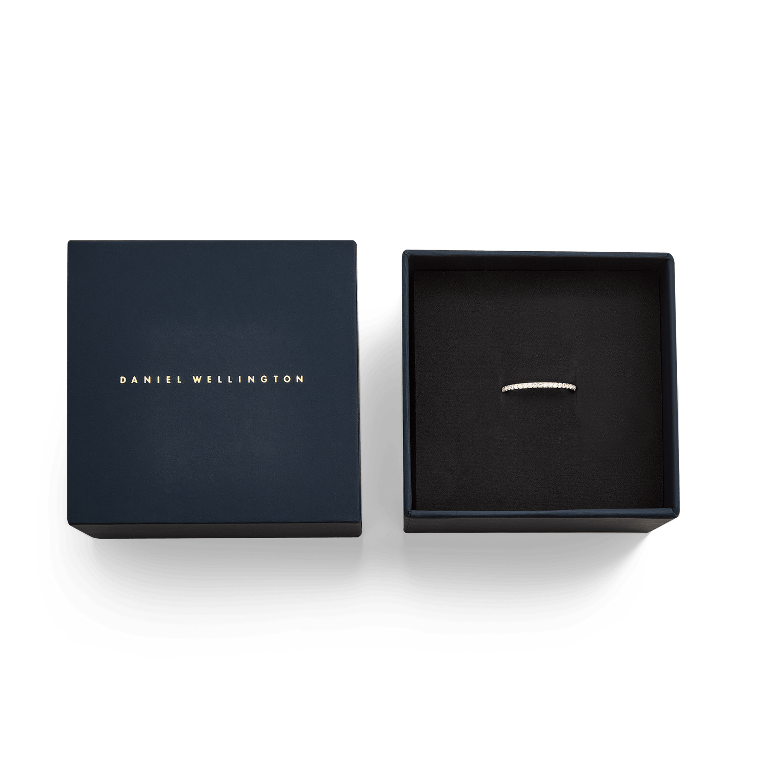 The Mirelle Eternity Ring Rose Gold 1.4 mm is presented in a signature Daniel Wellington gift box, highlighting its slim rose gold band with sparkling white cubic zirconia crystals.
