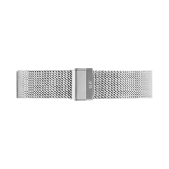 Silver Mesh Sterling Strap with a fine mesh pattern and polished stainless steel finish, featuring a fold-over clasp for secure and comfortable wear.