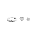 Silver earring set featuring a small hoop, a heart-shaped stud, and a flower stud, each with a polished finish and minimalist design, ideal for mix-and-match styling.