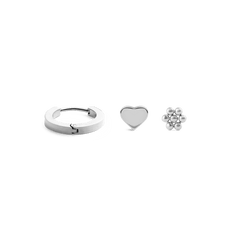 Silver earring set featuring a small hoop, a heart-shaped stud, and a flower stud, each with a polished finish and minimalist design, ideal for mix-and-match styling.