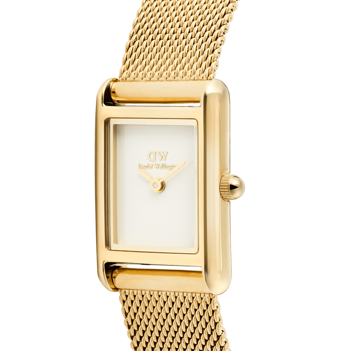 Close-up of the Bound Mini Evergold gold watch showing its rectangular white dial, polished gold case, and fine gold mesh strap, highlighting the elegant minimalist design and quality craftsmanship.