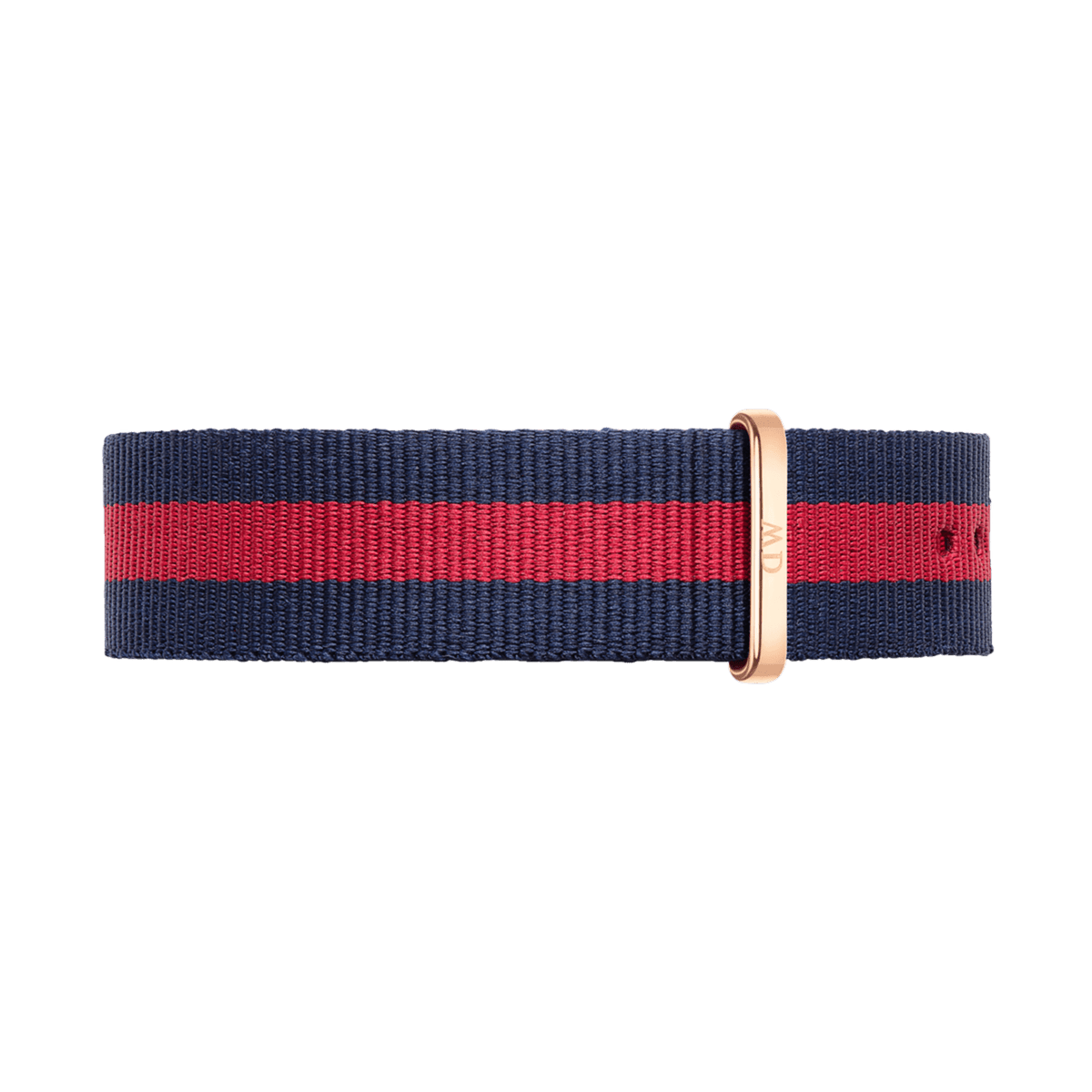 Oxford Strap Rose Gold NATO watch strap in navy blue and red striped polyester with a polished rose gold buckle, designed for easy fitting and a modern, versatile look.