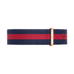Oxford Strap Rose Gold NATO watch strap in navy blue and red striped polyester with a polished rose gold buckle, designed for easy fitting and a modern, versatile look.