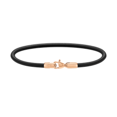 Slim men's bracelet featuring smooth black leather and a rose gold-plated stainless steel clasp, showcasing minimalist design and refined contrast.