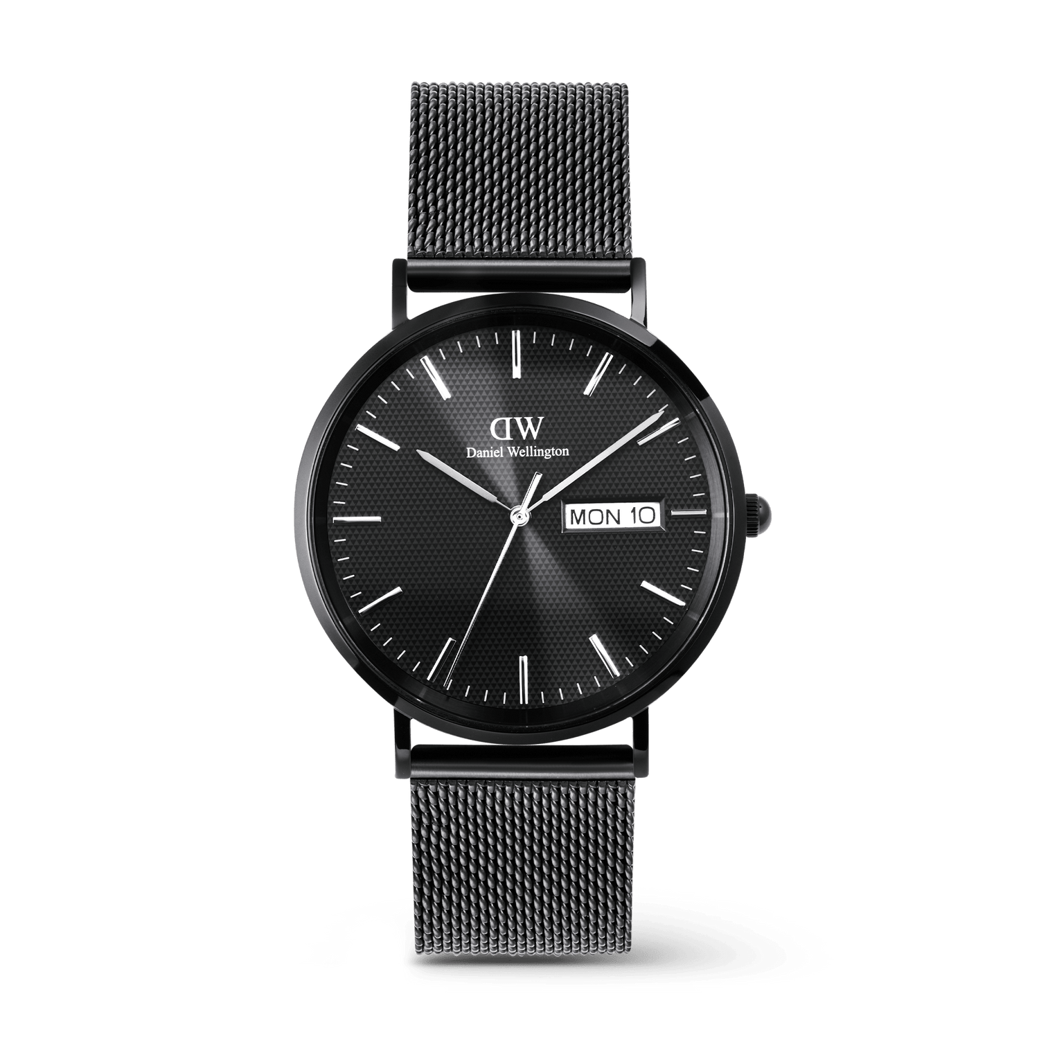 Classic Day Display Onyx Black men’s watch with a 40mm black dial, subtle semi-transparent triangle pattern, clear day and date display, and a black mesh stainless steel strap.