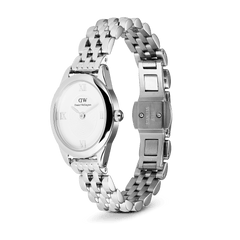 Ophelia Mini Silver watch with a polished oval case, white sunray dial featuring silver Roman numerals, and a stainless steel 5-link bracelet with an adjustable butterfly clasp.