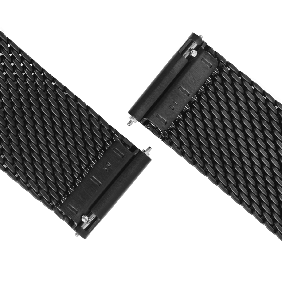Close-up of the Onyx Mesh Strap showing the black woven stainless steel mesh and quick-release spring bars for easy attachment and adjustment.