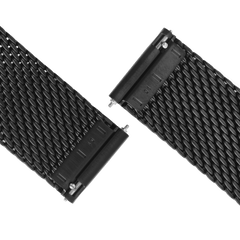 Close-up of the Onyx Mesh Strap showing the black woven stainless steel mesh and quick-release spring bars for easy attachment and adjustment.