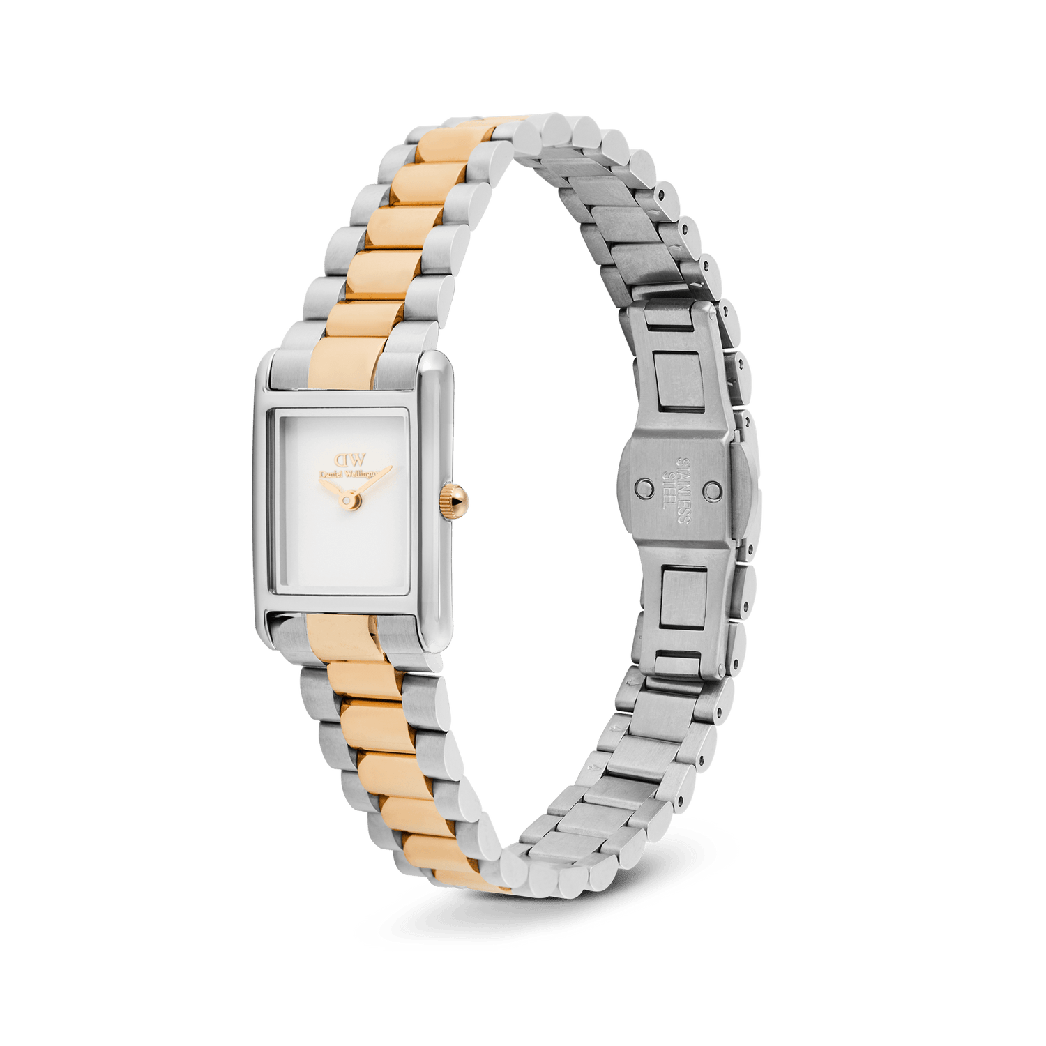Daniel Wellington Bound Mini 3-Link Two Tone Rose Gold watch with a rectangular silver and rose gold case, minimalist white dial, and an open three-link bracelet showing the butterfly clasp.