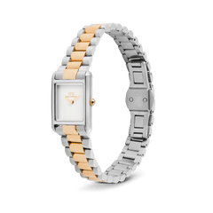 Daniel Wellington Bound Mini 3-Link Two Tone Rose Gold watch with a rectangular silver and rose gold case, minimalist white dial, and an open three-link bracelet showing the butterfly clasp.