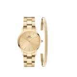 Gold Iconic Link watch with a minimalist round dial and matching Classic Lumine bracelet featuring subtle crystal accents, both crafted from stainless steel with a polished gold finish.