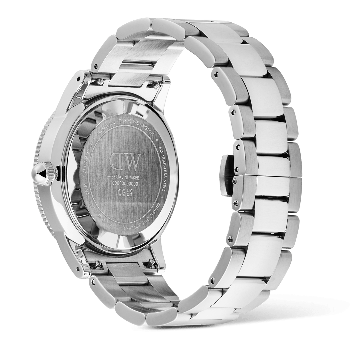 Back view of the Daniel Wellington Iconic GMT Link Brushed Bezel Silver, highlighting the engraved stainless steel case back, solid link bracelet, and butterfly clasp.