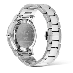 Back view of the Daniel Wellington Iconic GMT Link Brushed Bezel Silver, highlighting the engraved stainless steel case back, solid link bracelet, and butterfly clasp.