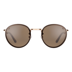 Round sunglasses with brown UV400 nylon lenses and a rose gold plated stainless steel frame, featuring minimalist styling and tortoiseshell acetate temple tips.