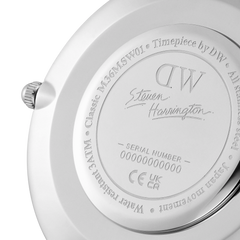 Close-up of the back of the Steven Harrington x Daniel Wellington Bristol BW dial & Strap Silver watch, showing engraved branding, artist signature, and unique serial number on the stainless steel case.
