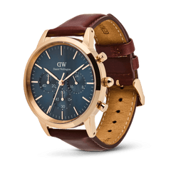 Iconic Chronograph St Mawes Arctic Rg featuring a blue dial with three sub-dials, rose gold case, and adjustable brown leather strap, designed for both formal and casual men's style.