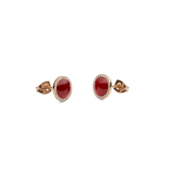 Audrey Earrings Red Agathe Rose Gold shown from the side, highlighting the domed red agate centre, sparkling cubic zirconia halo, and secure rose gold stud fastening.